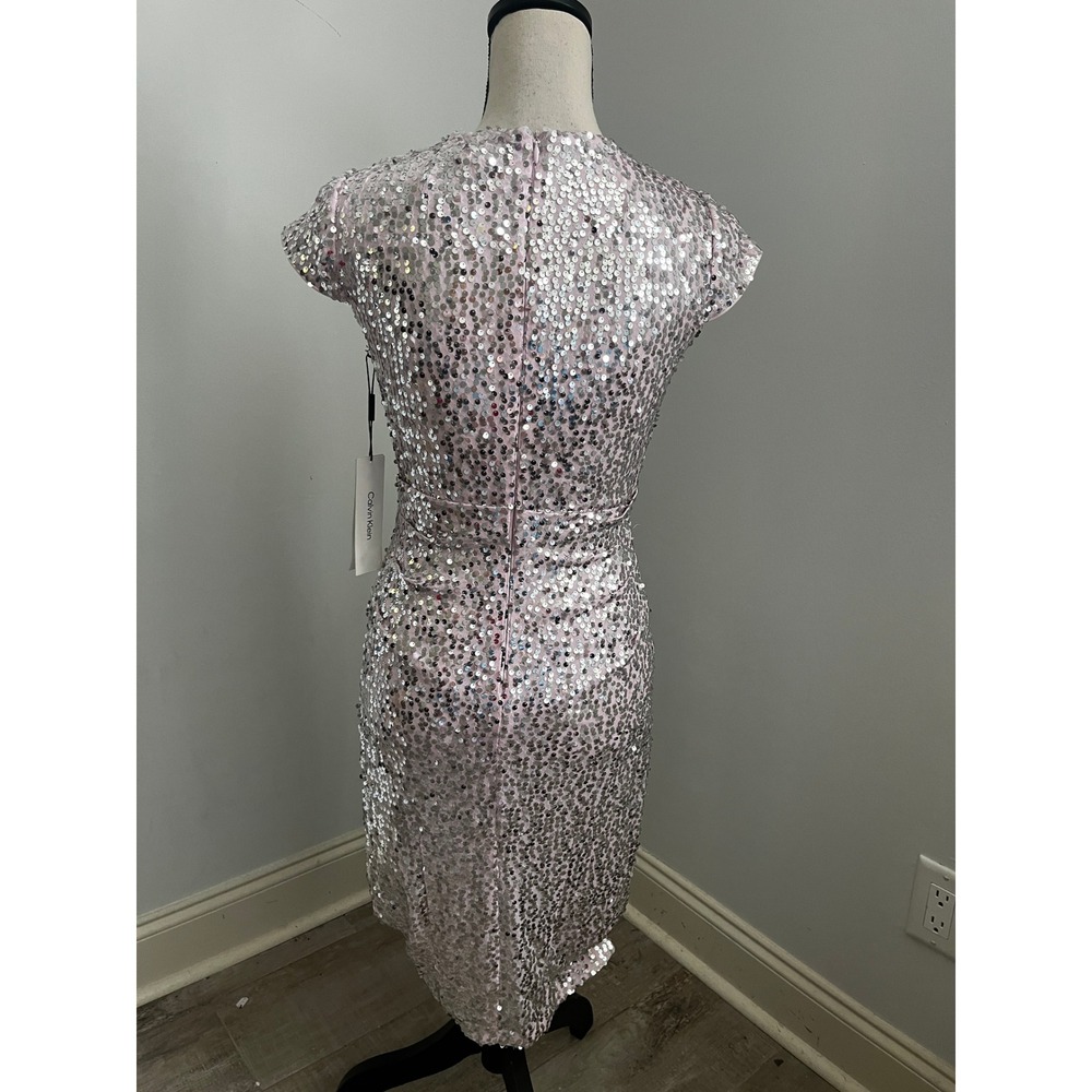 Pink Sequin Midi Dress size 2 V-Neck Sheath Party Wedding Guest Glam Prom NWT - Picture 4 of 12